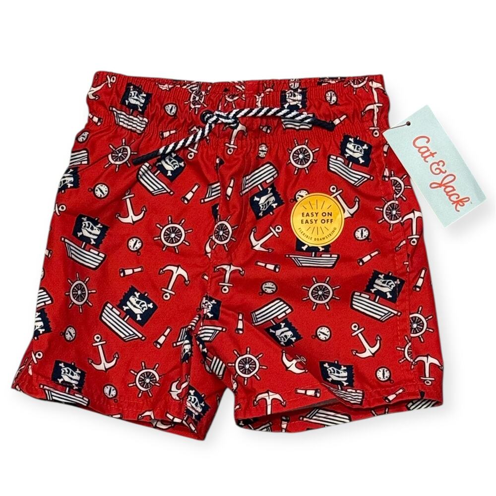 NEW Cat & Jack 18M Baby Boys Infant 4th of July Pirate Dinosaur Swim Shorts Red